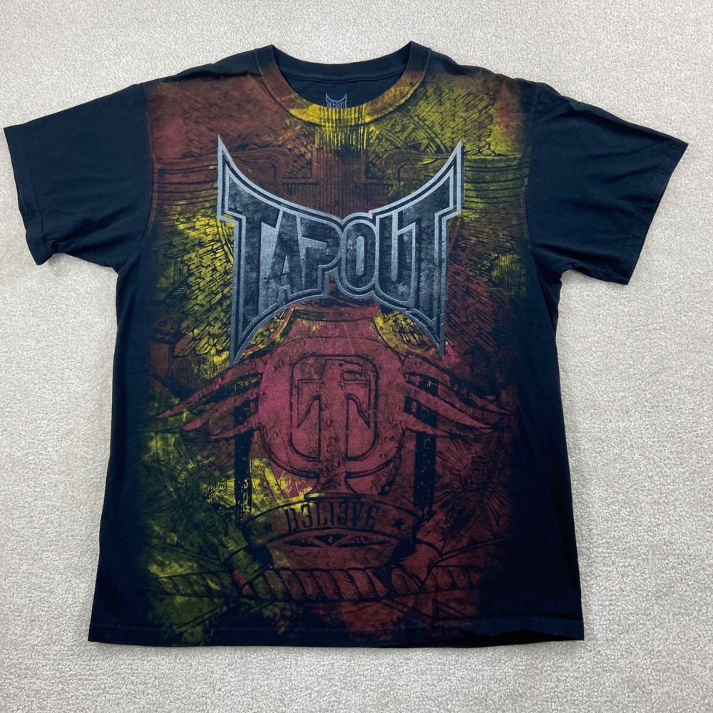 Y2K Tapout T-Shirt Mens Large Black Graphic Believe MMA All Over Print‎ Tee